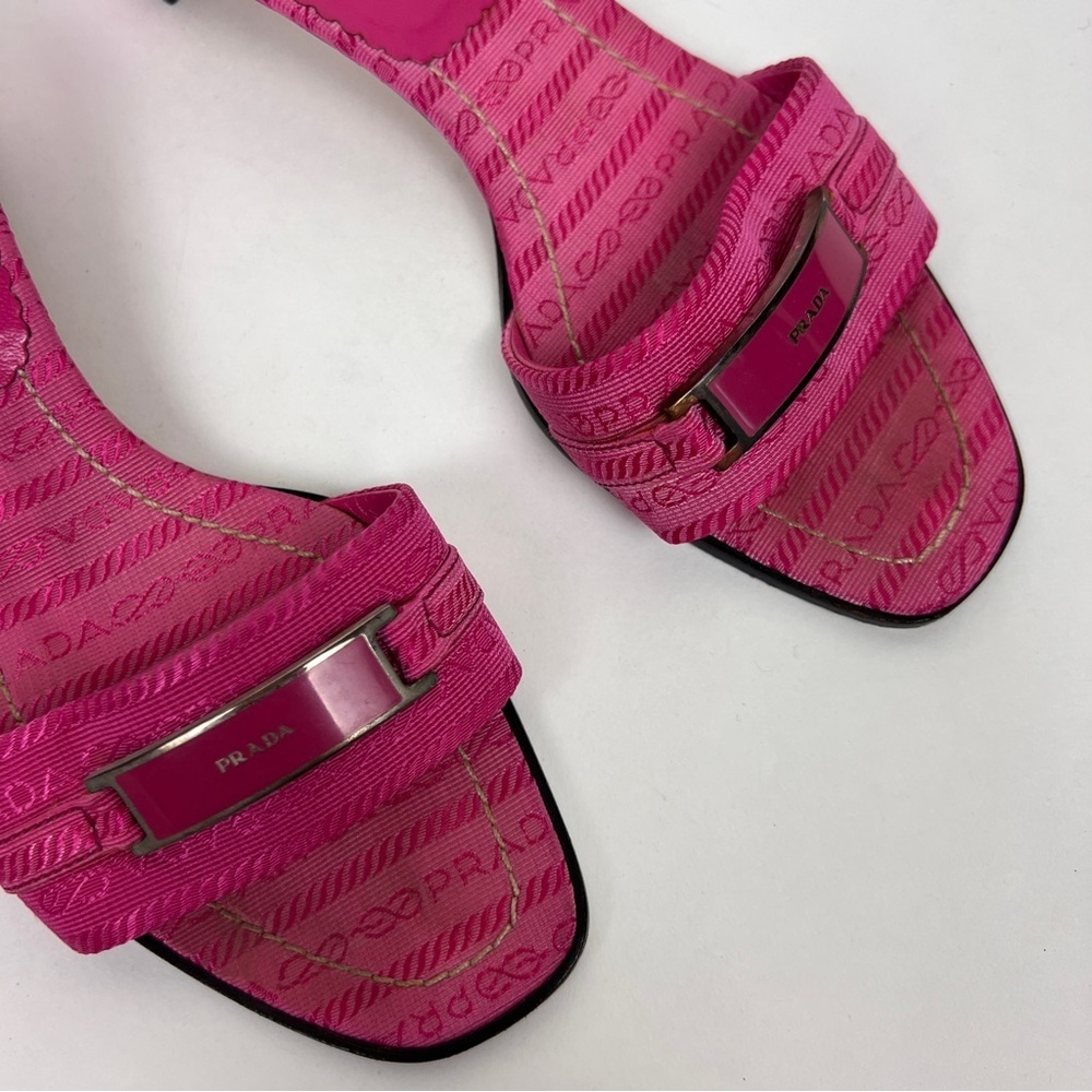 Prada Y2K 2000s Pink Logo Plaque Kitten Heel Sandals - Picture 4 of 6